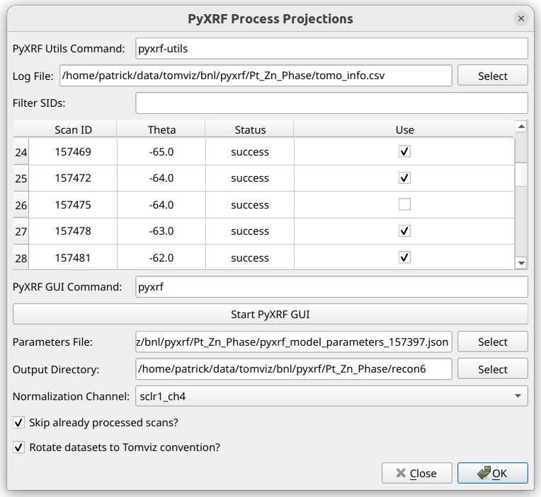 PyXRF Process Projections Dialog